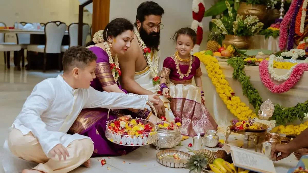 Rishab Shetty and Wife Pragathi Shetty Perform Lakshmi and Satyanarayana Puja at Home